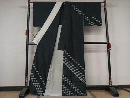 平和屋着物▽訪問着　単衣　紬地　絞り　青海波　黒地　正絹　逸品　AABL0559jh