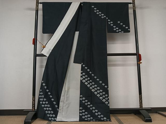 平和屋着物▽訪問着　単衣　紬地　絞り　青海波　黒地　正絹　逸品　AABL0559jh