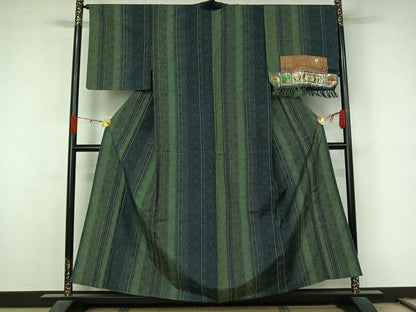平和屋着物▽本場真綿絢結城紬　単衣　麻の葉間道　証紙付き　正絹　逸品　AABL0568jh