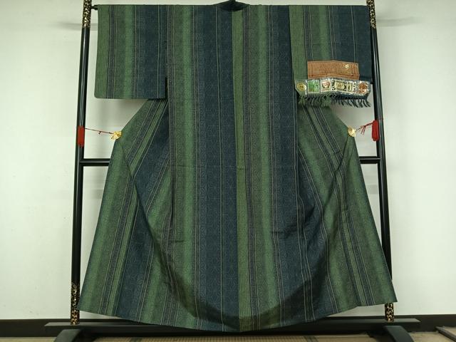 平和屋着物▽本場真綿絢結城紬　単衣　麻の葉間道　証紙付き　正絹　逸品　AABL0568jh