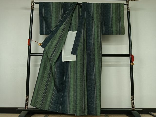 平和屋着物▽本場真綿絢結城紬　単衣　麻の葉間道　証紙付き　正絹　逸品　AABL0568jh