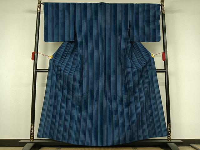 平和屋着物▽上質な紬　単衣　縞　綿　AABL0570jh