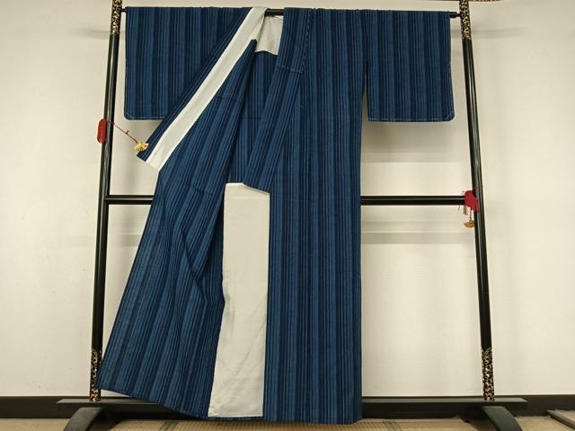 平和屋着物▽上質な紬　単衣　縞　綿　AABL0570jh