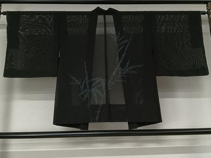 平和屋着物▽羽織　スリーシーズン　春夏秋　塵除け　笹竹文　黒地　正絹　逸品　未使用　AABL0577jh