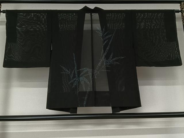 平和屋着物▽羽織　スリーシーズン　春夏秋　塵除け　笹竹文　黒地　正絹　逸品　未使用　AABL0577jh