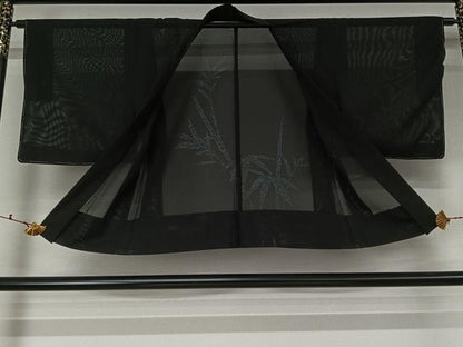 平和屋着物▽羽織　スリーシーズン　春夏秋　塵除け　笹竹文　黒地　正絹　逸品　未使用　AABL0577jh