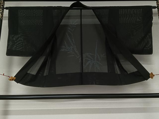 平和屋着物▽羽織　スリーシーズン　春夏秋　塵除け　笹竹文　黒地　正絹　逸品　未使用　AABL0577jh