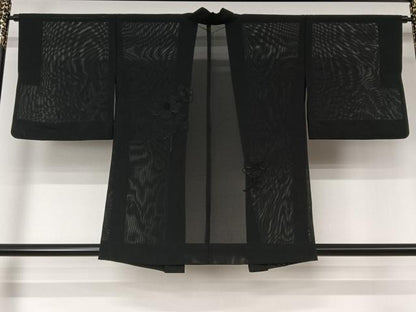 平和屋着物▽羽織　スリーシーズン　春夏秋　塵除け　草花文　黒地　正絹　逸品　AABL0579jh
