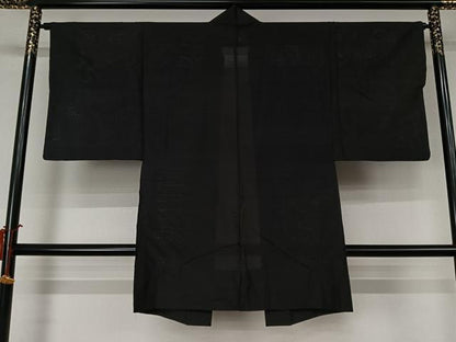 平和屋着物▽男性　羽織　スリーシーズン　春夏秋　塵除け　黒地　ロング丈　正絹　逸品　AABL0585jh