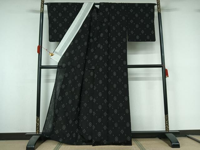 平和屋着物▽上質な紬　単衣　幾何学文様　黒地　正絹　逸品　AABL0599jh