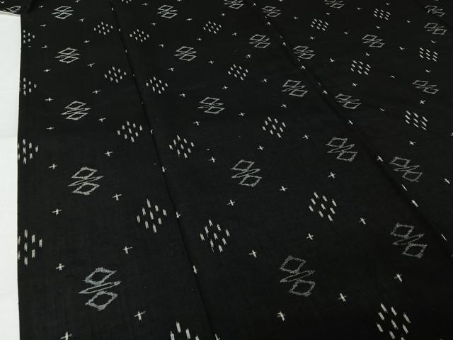 平和屋着物▽上質な紬　単衣　幾何学文様　黒地　正絹　逸品　AABL0599jh
