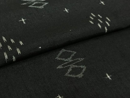 平和屋着物▽上質な紬　単衣　幾何学文様　黒地　正絹　逸品　AABL0599jh