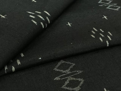 平和屋着物▽上質な紬　単衣　幾何学文様　黒地　正絹　逸品　AABL0599jh
