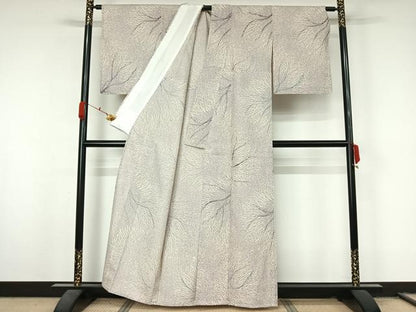 平和屋着物▽工芸染色士　鈴木洋行　結城紬　単衣　松煙染　枝木文　証紙付き　正絹　逸品　AABL0600jh
