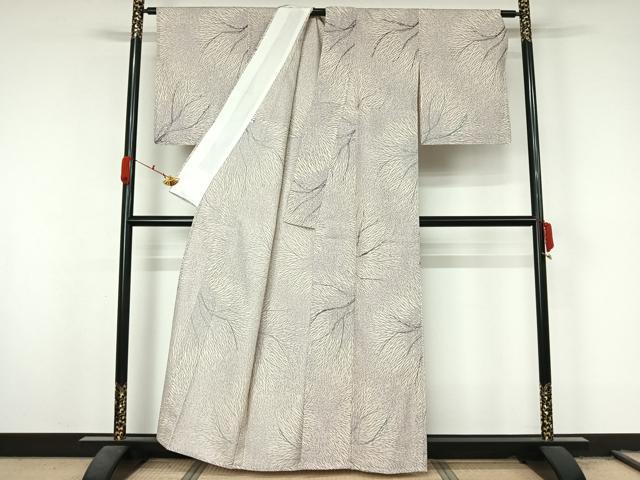 平和屋着物▽工芸染色士　鈴木洋行　結城紬　単衣　松煙染　枝木文　証紙付き　正絹　逸品　AABL0600jh