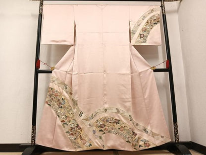 平和屋着物●訪問着　総刺繍　向い鶴草花文　金銀糸　正絹　逸品　AABL0604ph