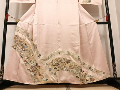 平和屋着物●訪問着　総刺繍　向い鶴草花文　金銀糸　正絹　逸品　AABL0604ph