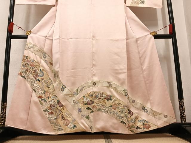 平和屋着物●訪問着　総刺繍　向い鶴草花文　金銀糸　正絹　逸品　AABL0604ph