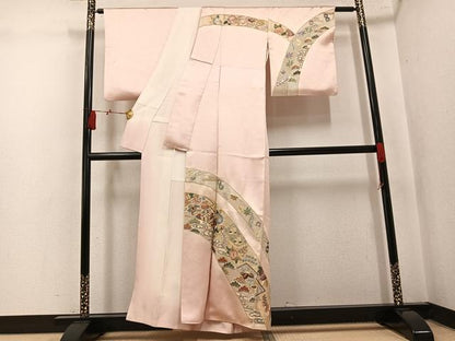 平和屋着物●訪問着　総刺繍　向い鶴草花文　金銀糸　正絹　逸品　AABL0604ph
