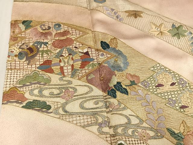 平和屋着物●訪問着　総刺繍　向い鶴草花文　金銀糸　正絹　逸品　AABL0604ph