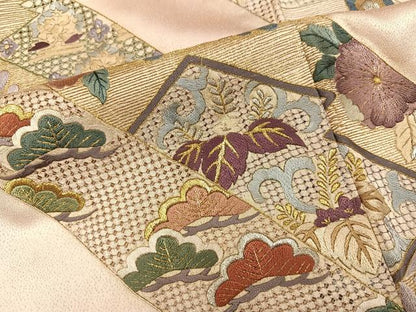 平和屋着物●訪問着　総刺繍　向い鶴草花文　金銀糸　正絹　逸品　AABL0604ph