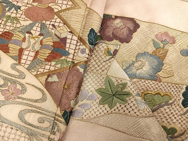 平和屋着物●訪問着　総刺繍　向い鶴草花文　金銀糸　正絹　逸品　AABL0604ph
