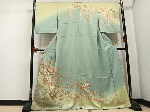 平和屋着物●訪問着　駒刺繍　枝花文　暈し染め　金彩　正絹　逸品　AABL0606ph