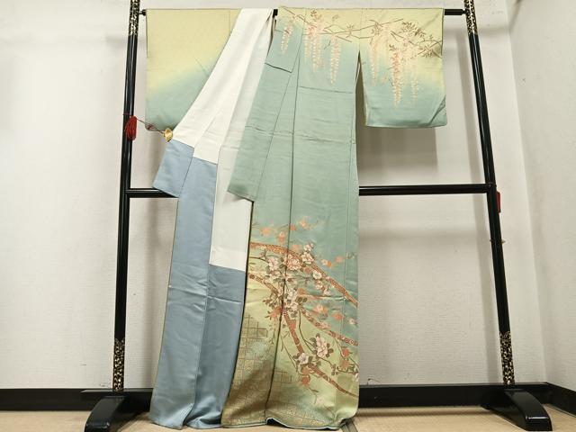 平和屋着物●訪問着　駒刺繍　枝花文　暈し染め　金彩　正絹　逸品　AABL0606ph