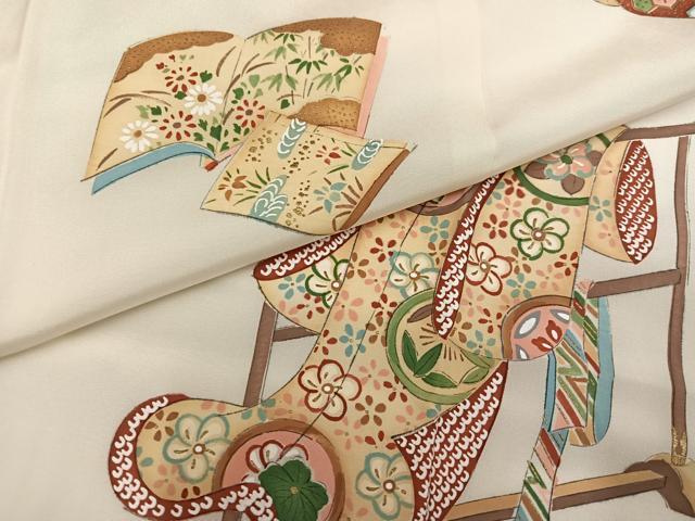 平和屋着物●長襦袢　無双仕立て　誰が袖扇面冊子花文　正絹　逸品　AABL0616ph
