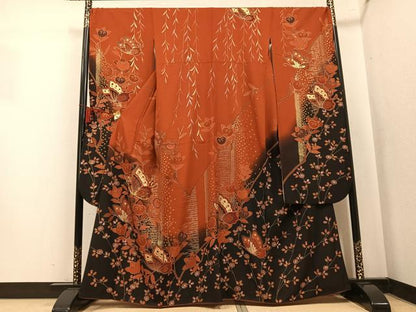 平和屋着物●豪華振袖　駒刺繍　花蝶文　暈し染め　金銀彩　正絹　逸品　AABL0621ph