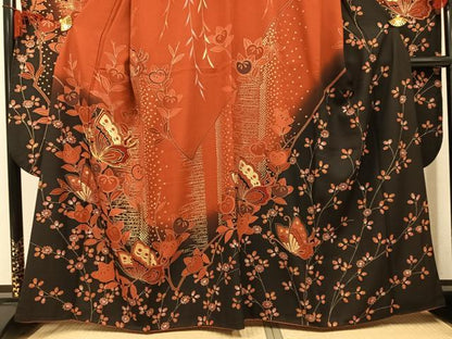 平和屋着物●豪華振袖　駒刺繍　花蝶文　暈し染め　金銀彩　正絹　逸品　AABL0621ph