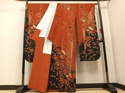 平和屋着物●豪華振袖　駒刺繍　花蝶文　暈し染め　金銀彩　正絹　逸品　AABL0621ph