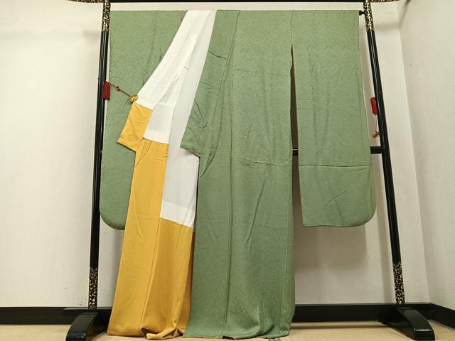 平和屋着物●豪華振袖　草花地紋　色無地　柳茶色　さが美扱い　正絹　逸品　AABL0627ph