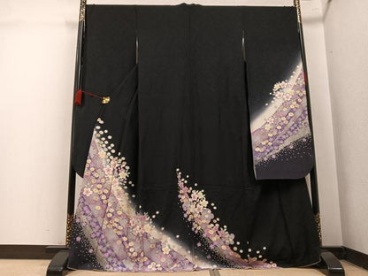 平和屋着物●豪華振袖　舞花文　暈し染め　黒地　金彩　京都きもの友禅扱い　正絹　逸品　AABL0631ph