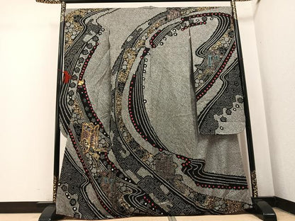 平和屋着物●豪華振袖　総絞り　駒刺繍　御所車花文　金彩　正絹　逸品　AABL0634ph