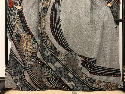 平和屋着物●豪華振袖　総絞り　駒刺繍　御所車花文　金彩　正絹　逸品　AABL0634ph