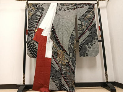 平和屋着物●豪華振袖　総絞り　駒刺繍　御所車花文　金彩　正絹　逸品　AABL0634ph