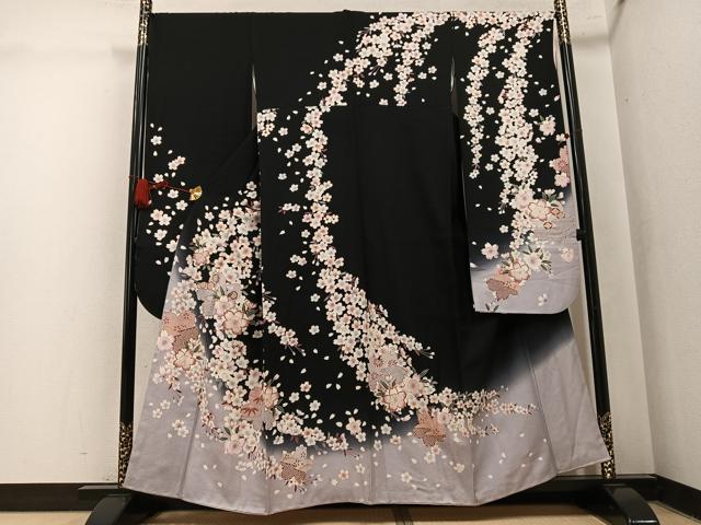 平和屋着物●豪華振袖　駒刺繍　夜桜　黒地　金彩　正絹　逸品　AABL0638ph