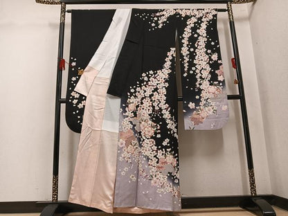平和屋着物●豪華振袖　駒刺繍　夜桜　黒地　金彩　正絹　逸品　AABL0638ph