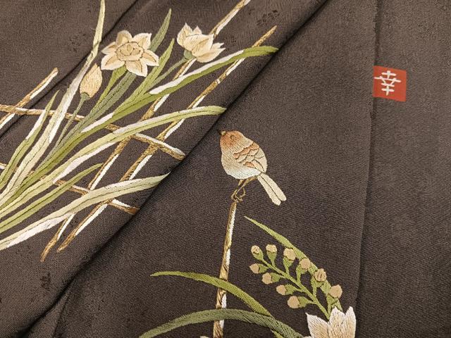 平和屋着物●ファッションデザイナー 花井幸子　訪問着　総刺繍　花鳥文　正絹　逸品　AABL0641ph
