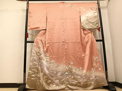平和屋着物●訪問着　駒刺繍　松竹梅草花文　暈し染め　金彩　正絹　逸品　AABL0653ph