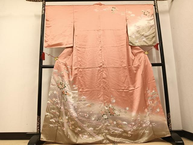 平和屋着物●訪問着　駒刺繍　松竹梅草花文　暈し染め　金彩　正絹　逸品　AABL0653ph