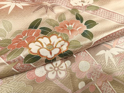 平和屋着物●訪問着　駒刺繍　松竹梅草花文　暈し染め　金彩　正絹　逸品　AABL0653ph