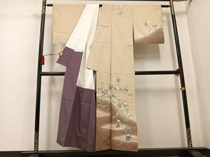 平和屋着物●訪問着　友禅　紬地　童子枝花文　正絹　逸品　AABL0655ph