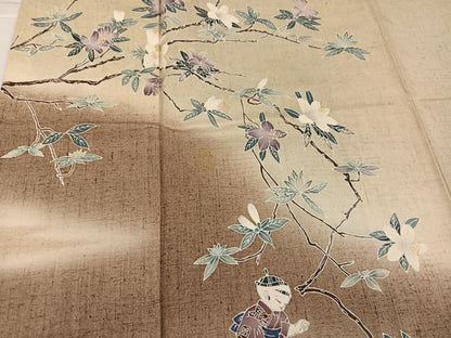 平和屋着物●訪問着　友禅　紬地　童子枝花文　正絹　逸品　AABL0655ph