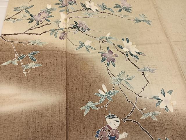 平和屋着物●訪問着　友禅　紬地　童子枝花文　正絹　逸品　AABL0655ph