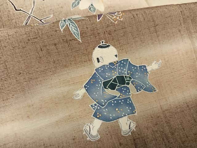 平和屋着物●訪問着　友禅　紬地　童子枝花文　正絹　逸品　AABL0655ph