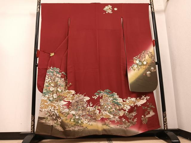 平和屋着物●豪華振袖　檜扇鴛鴦几帳花楽器文　暈し染め　金彩　正絹　逸品　AABL0660ph