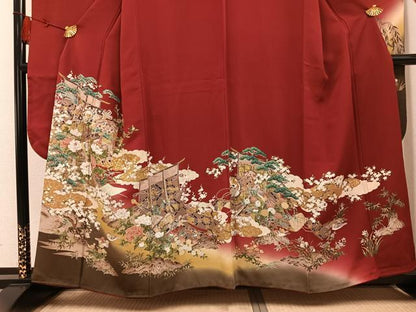 平和屋着物●豪華振袖　檜扇鴛鴦几帳花楽器文　暈し染め　金彩　正絹　逸品　AABL0660ph