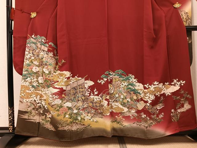 平和屋着物●豪華振袖　檜扇鴛鴦几帳花楽器文　暈し染め　金彩　正絹　逸品　AABL0660ph